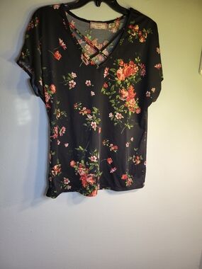 Floral Crisscross V-Neck Women's Top - Black with Pink & Green Blooms
